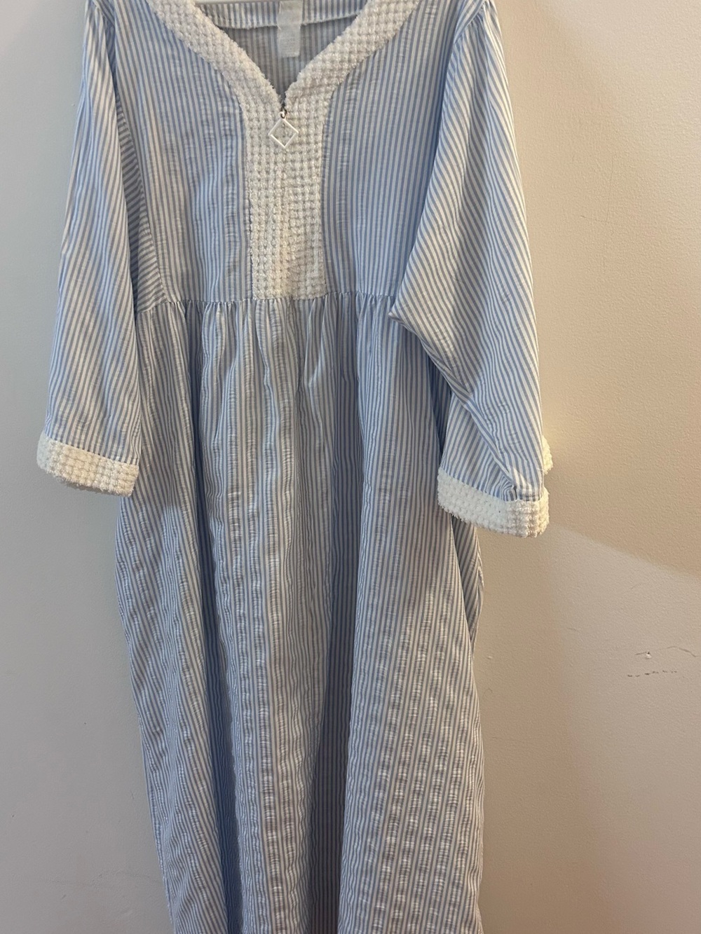 Vintage Adonna Blue Cotton Stripped Lounge Dress Trimmed in white Chenille S-2xl